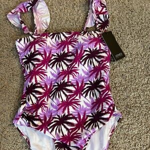 Jones New York Swimsuit Medium Fuchsia Palm Tree Ruffle Sleeve NWT